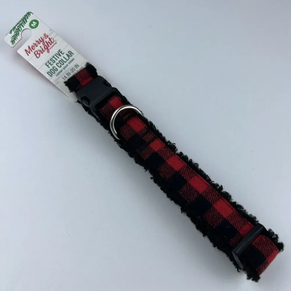 Merry & Bright Adjustable Holiday Themed Dog Collar.  Red & Black Plaid Size M